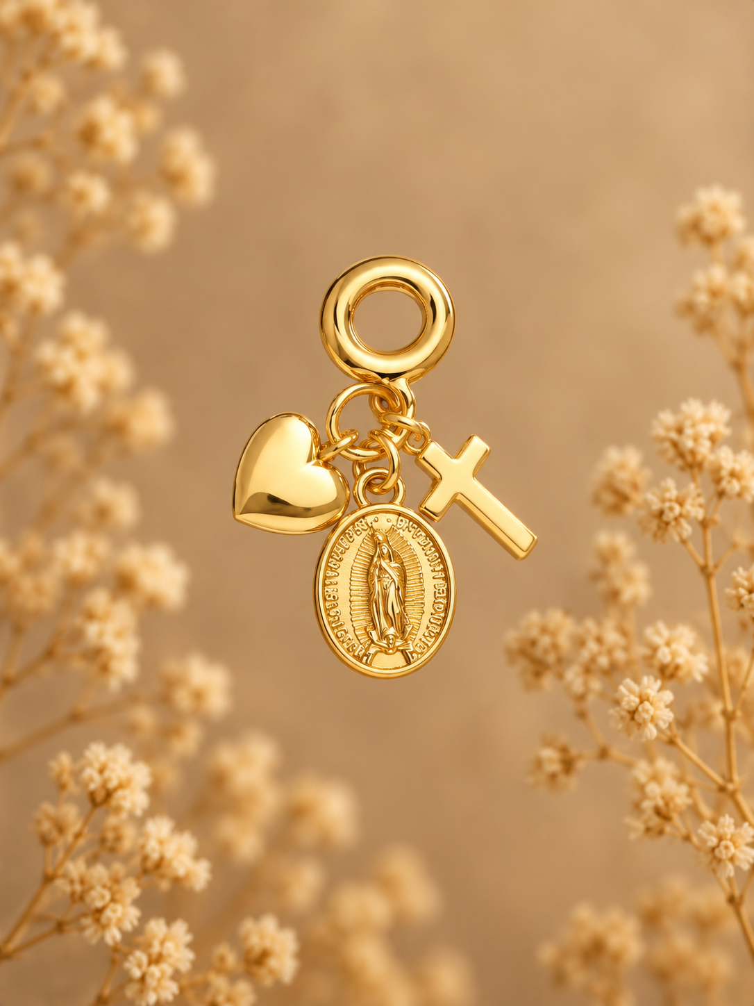 Dije Fe, Amor y Esperanza: corazón, Virgen y cruz