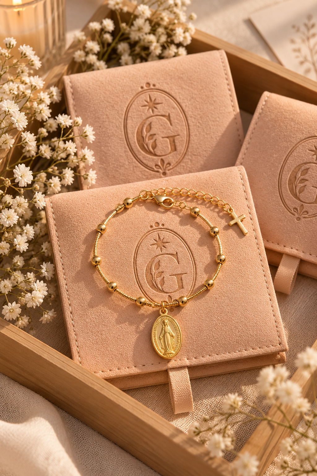 Pulsera Milagrosa Dorada sobre estuche GRACIA